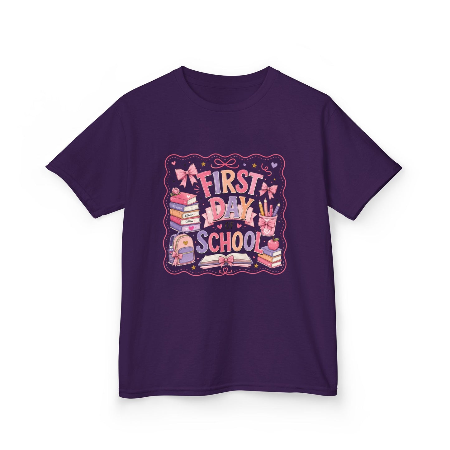 Kids Tee - "First Day of School" Back-to-School Shirt (Girls, Cute Books & Backpack Design)