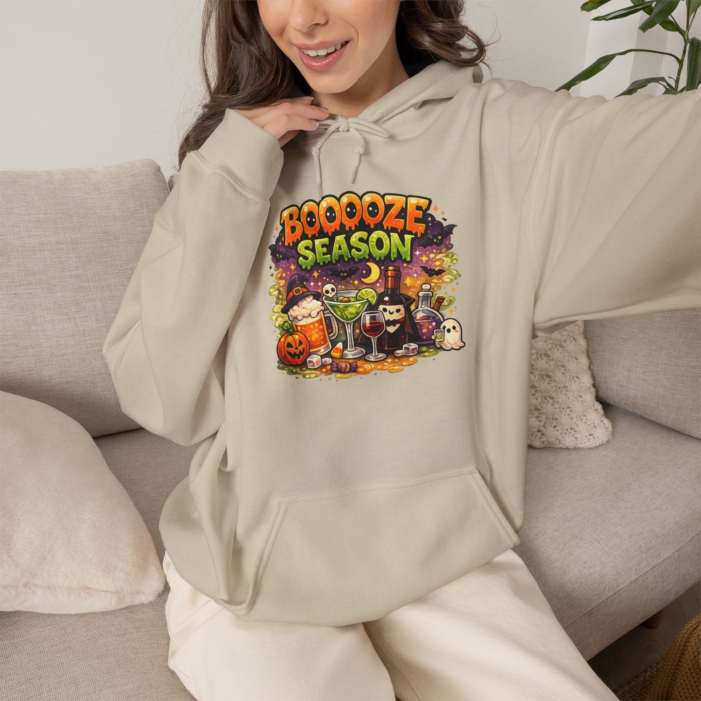 Booooze Season Hoodie — Funny Halloween Party Sweatshirt with Spooky Drinks Design