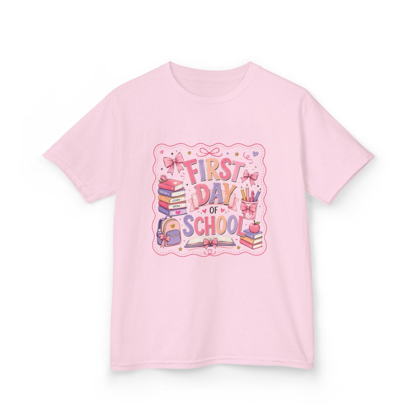 Kids Tee - "First Day of School" Back-to-School Shirt (Girls, Cute Books & Backpack Design)