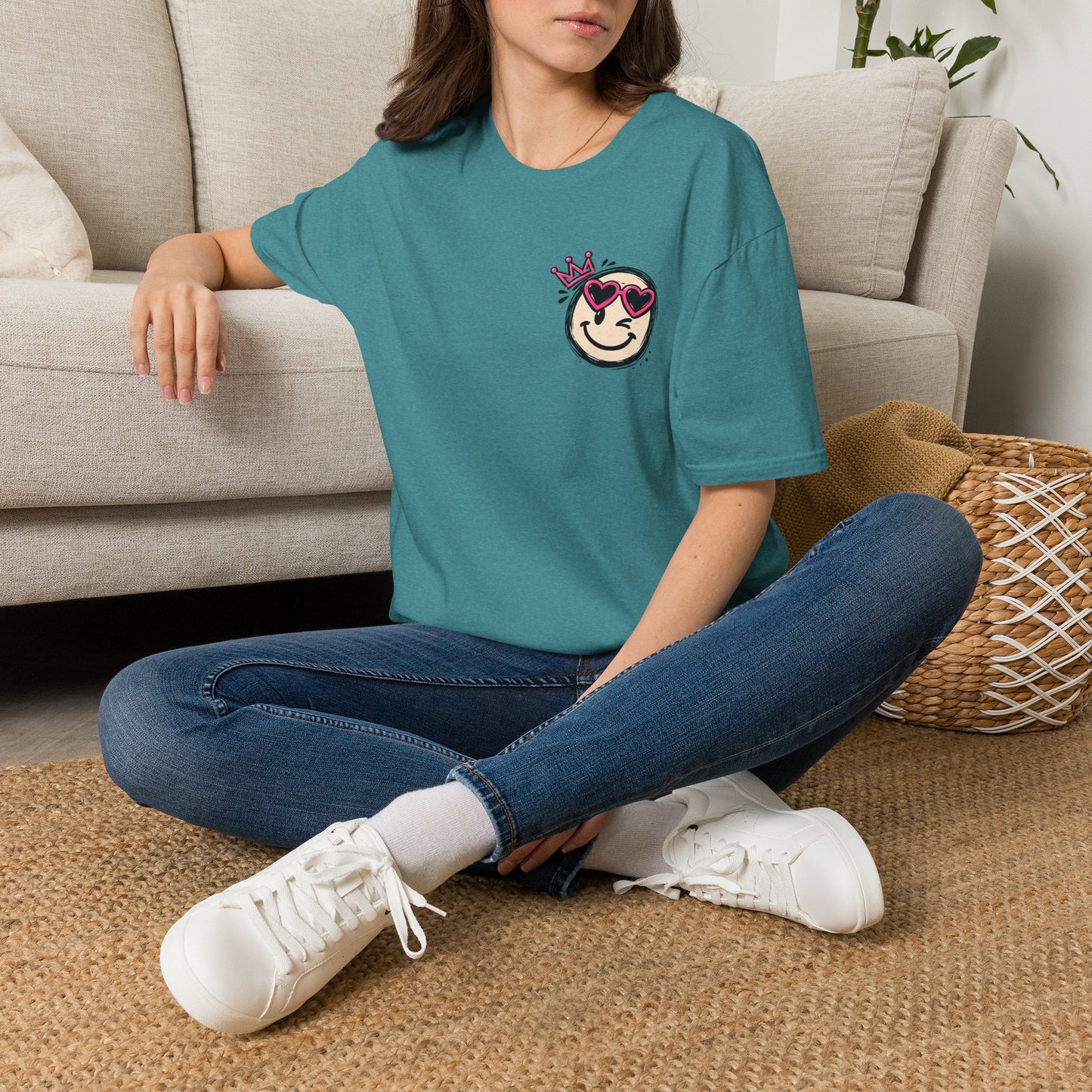 Smiley Queen T‑Shirt — Cute Crowned Emoji with Heart Sunglasses