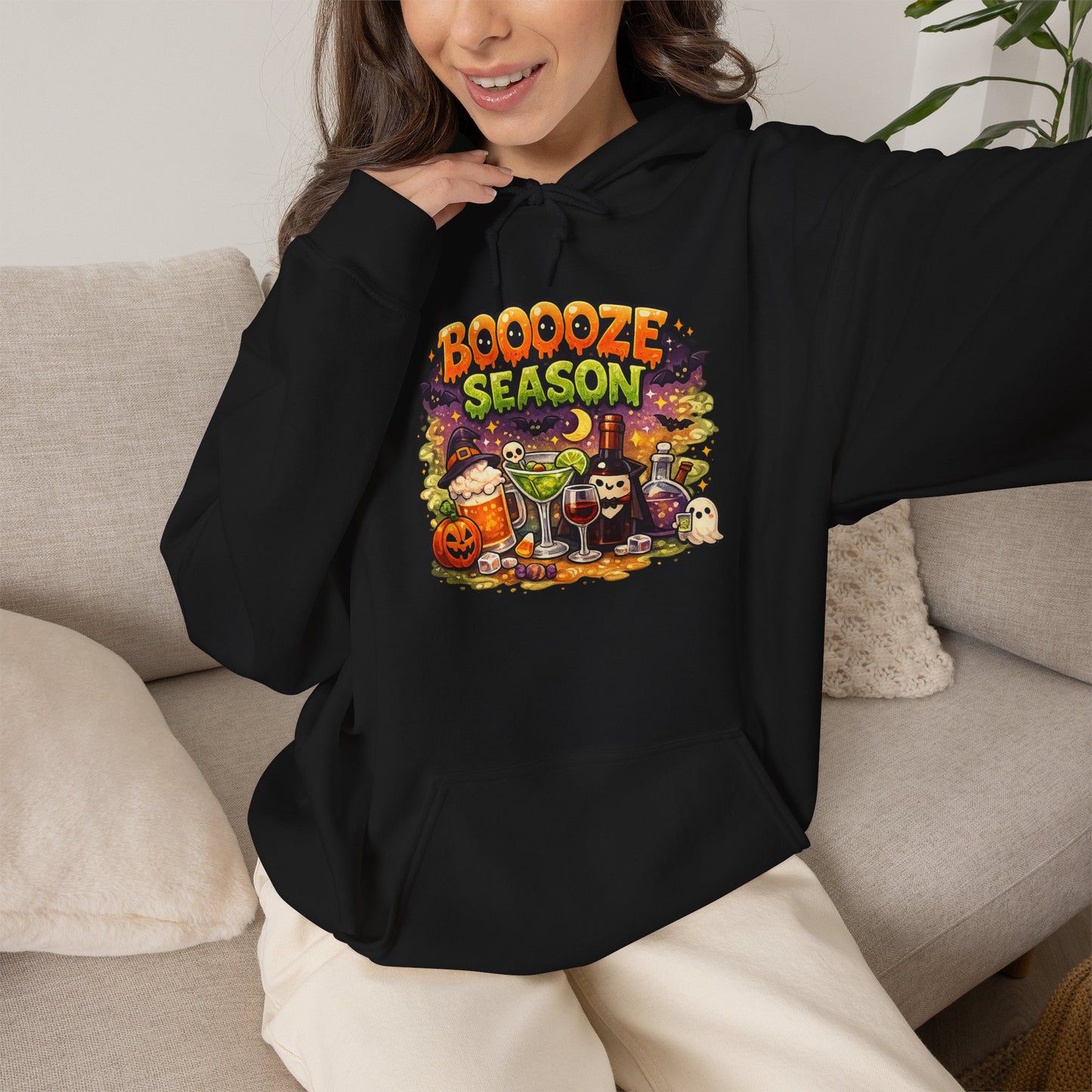 Booooze Season Hoodie — Funny Halloween Party Sweatshirt with Spooky Drinks Design