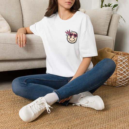 Smiley Queen T‑Shirt — Cute Crowned Emoji with Heart Sunglasses