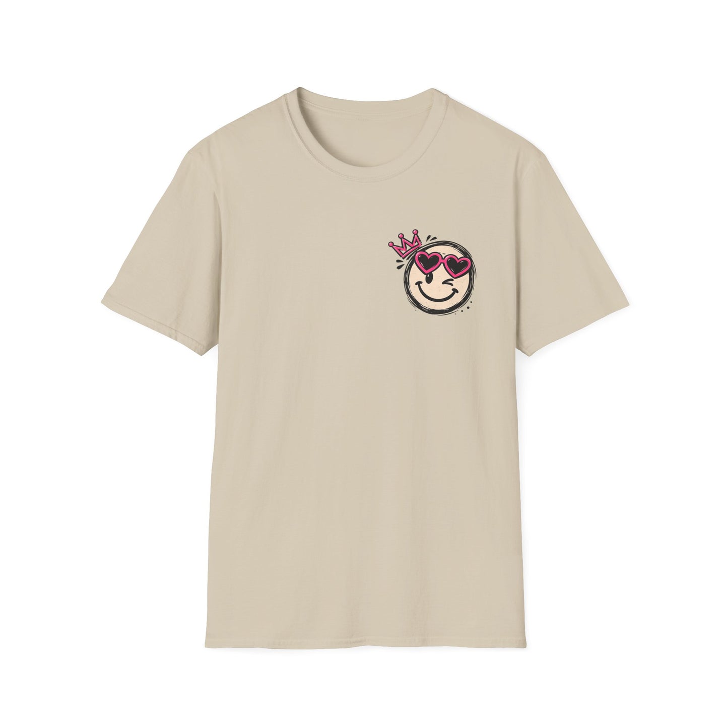 Smiley Queen T‑Shirt — Cute Crowned Emoji with Heart Sunglasses