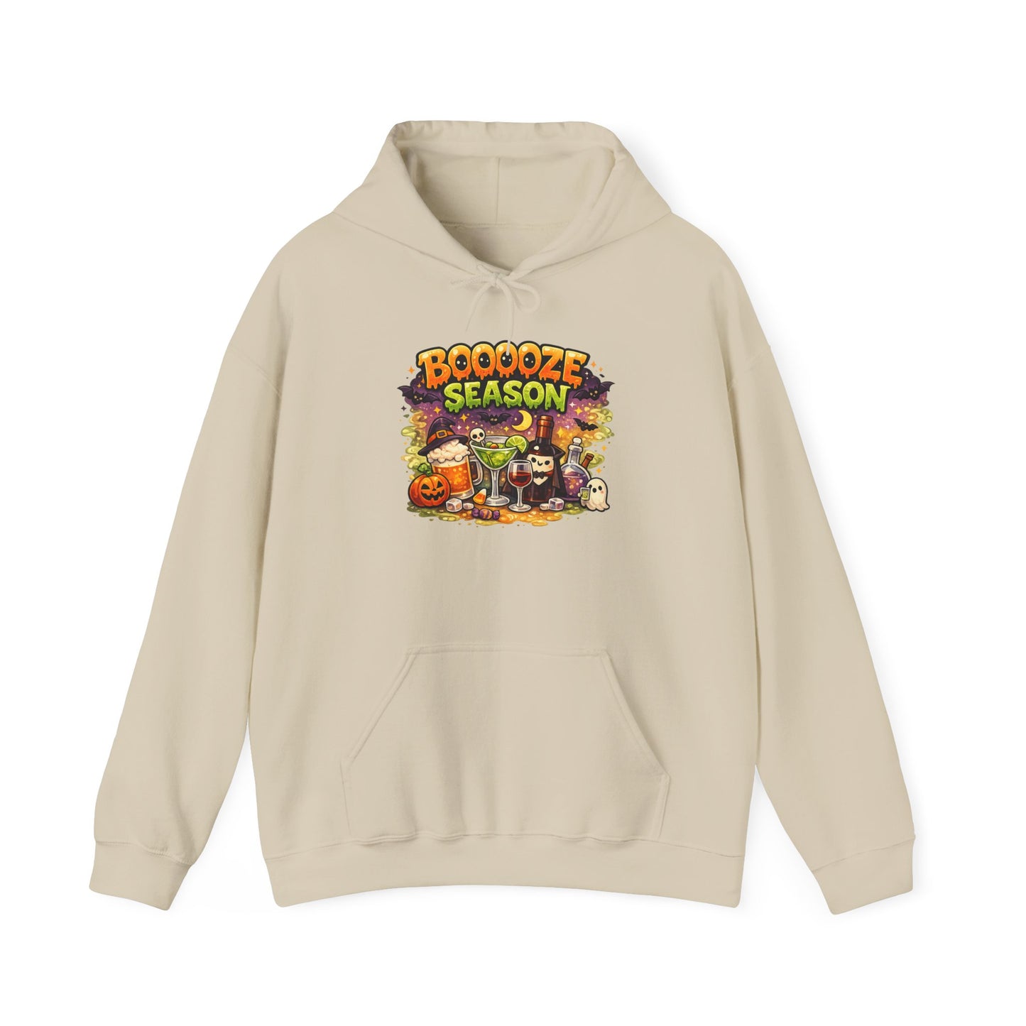 Booooze Season Hoodie — Funny Halloween Party Sweatshirt with Spooky Drinks Design