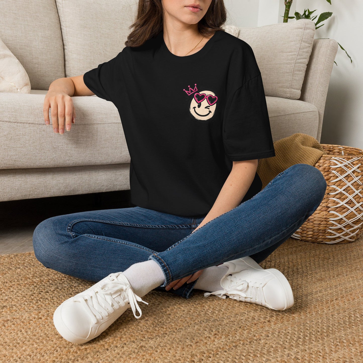 Smiley Queen T‑Shirt — Cute Crowned Emoji with Heart Sunglasses
