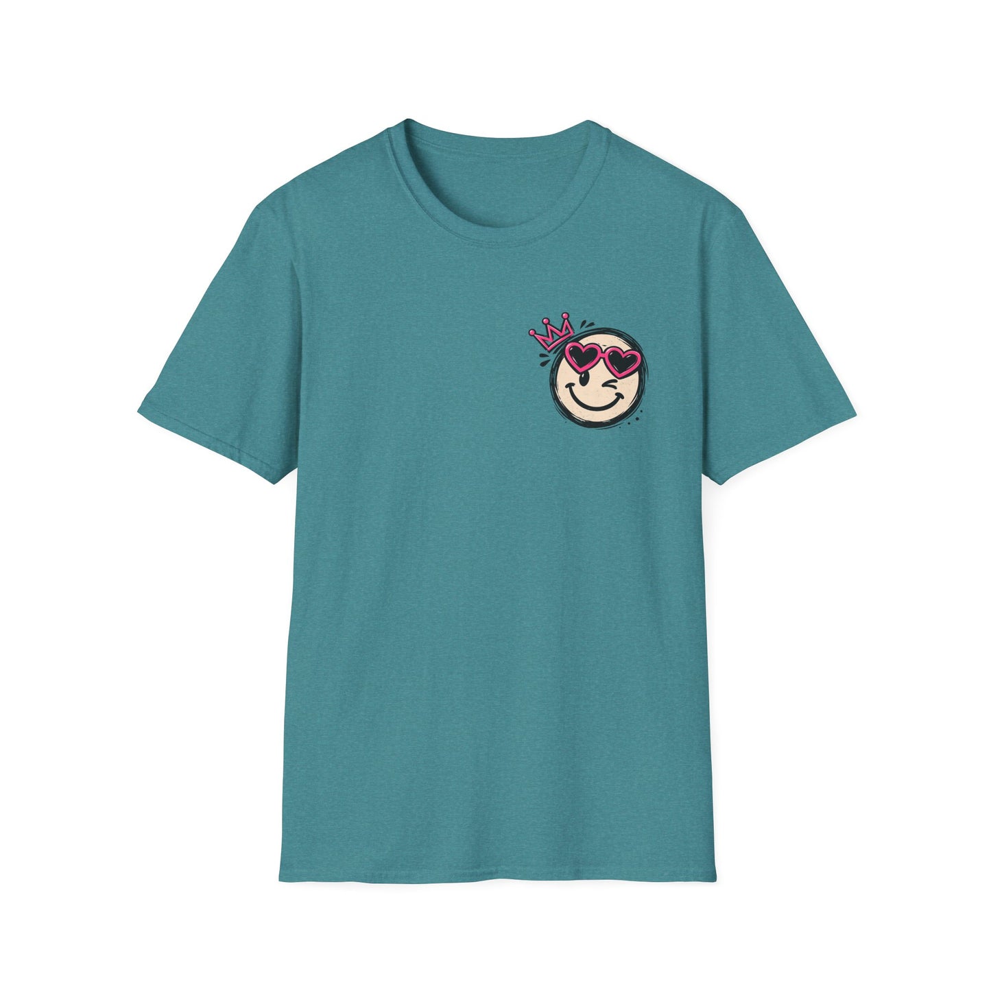 Smiley Queen T‑Shirt — Cute Crowned Emoji with Heart Sunglasses