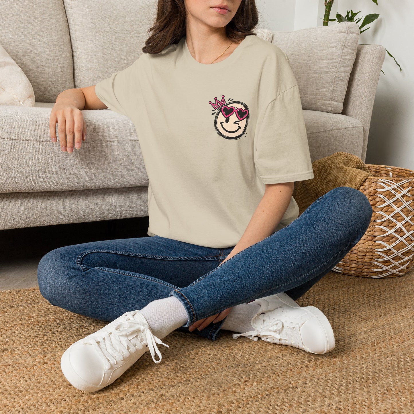 Smiley Queen T‑Shirt — Cute Crowned Emoji with Heart Sunglasses