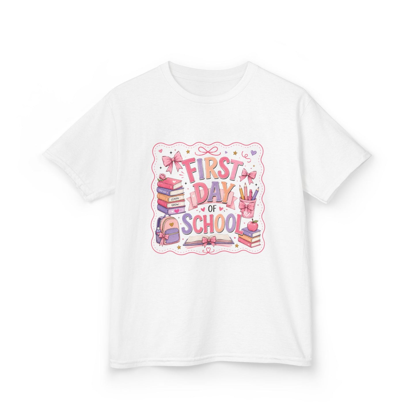 Kids Tee - "First Day of School" Back-to-School Shirt (Girls, Cute Books & Backpack Design)
