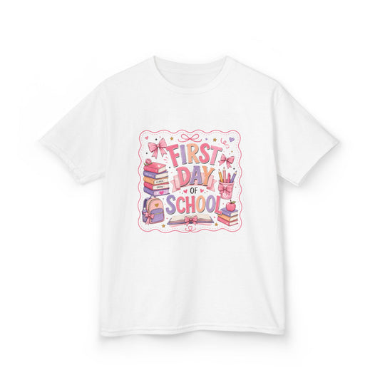 Kids Tee - "First Day of School" Back-to-School Shirt (Girls, Cute Books & Backpack Design)