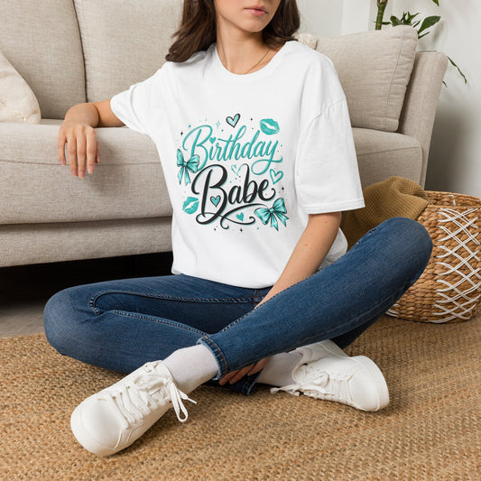 Birthday Babe T-Shirt — Teal Kiss & Bow Birthday Tee for Women