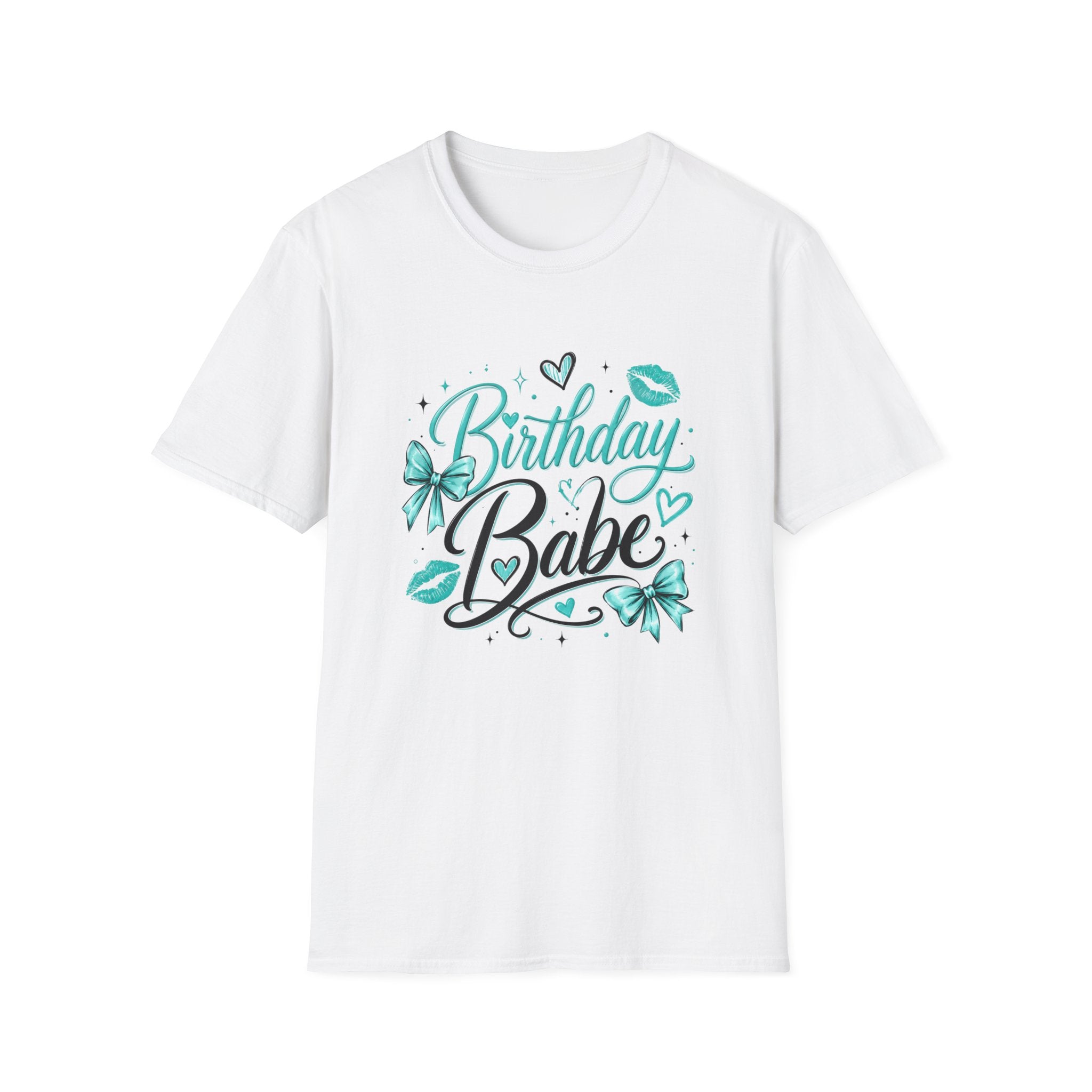 Birthday Babe T-Shirt — Teal Kiss & Bow Birthday Tee for Women