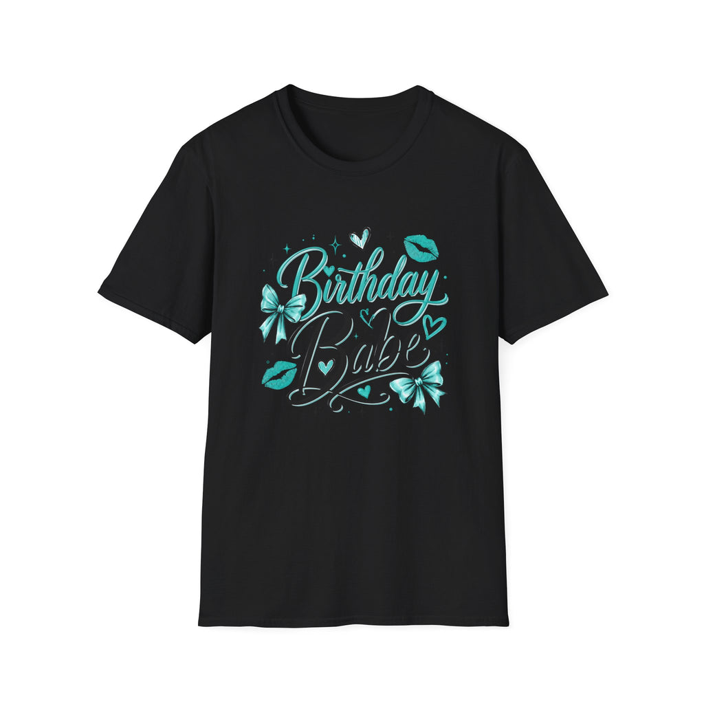 Birthday Babe T-Shirt — Teal Kiss & Bow Birthday Tee for Women