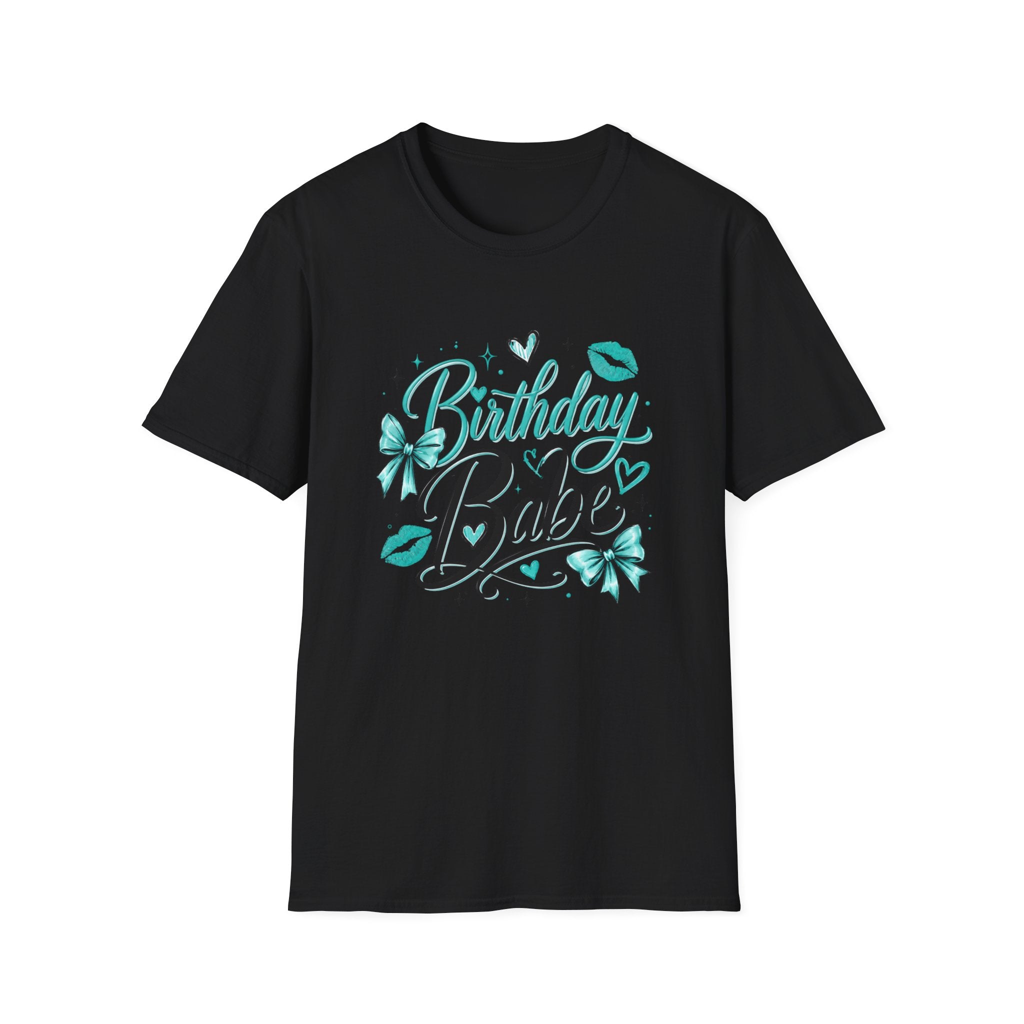 Birthday Babe T-Shirt — Teal Kiss & Bow Birthday Tee for Women