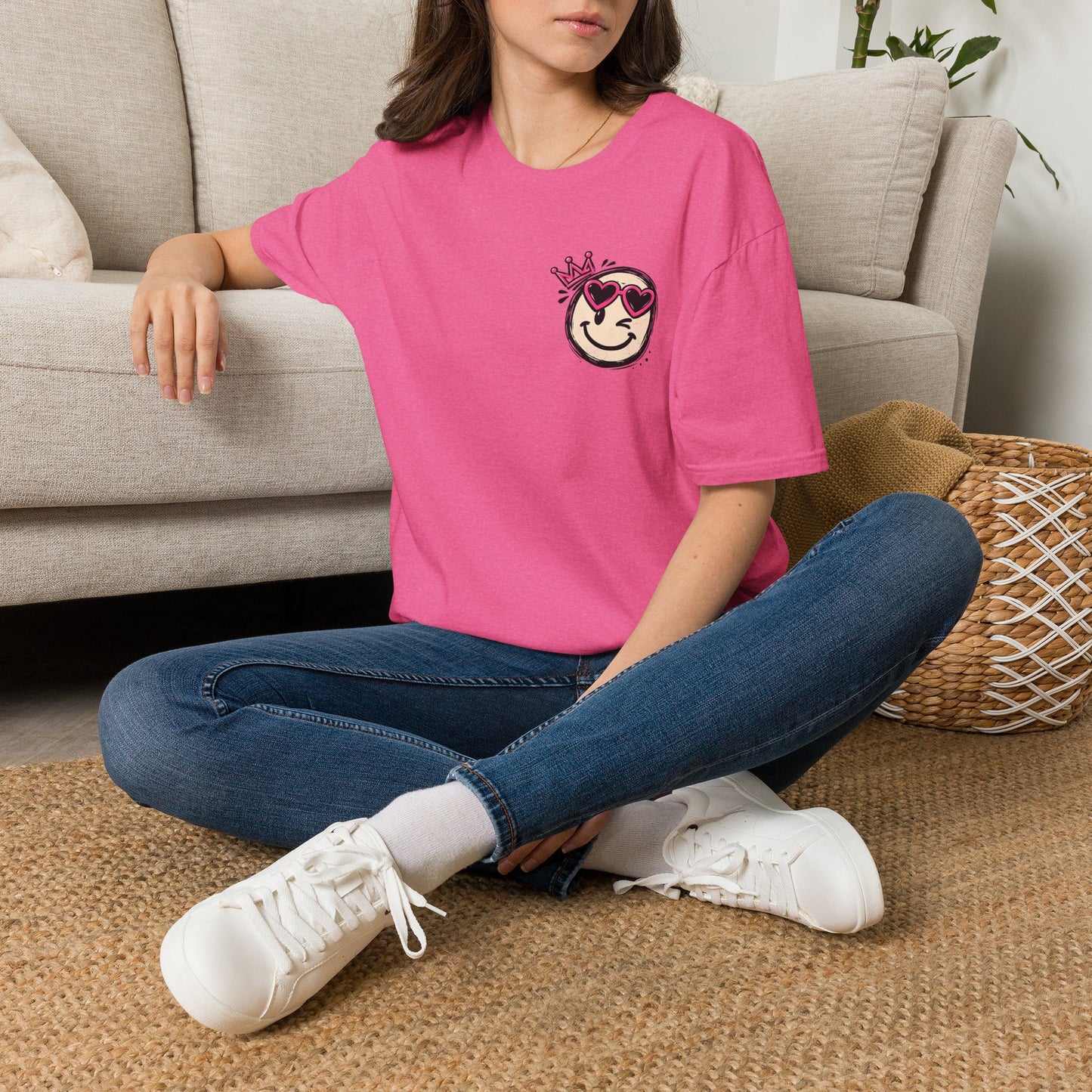 Smiley Queen T‑Shirt — Cute Crowned Emoji with Heart Sunglasses